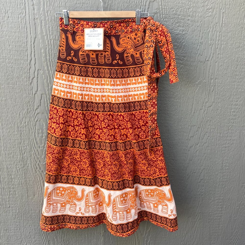 NWT Darn‎ Good Yarn 100% Cotton Wrap Around Skirt Orange Elephants Midi One Size